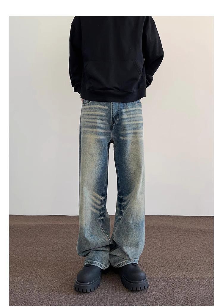 Men's Loose Straight Washed-out Vintage Jeans With Whiskers Men's Loose Straight Washed-out Vintage Jeans With Whiskers