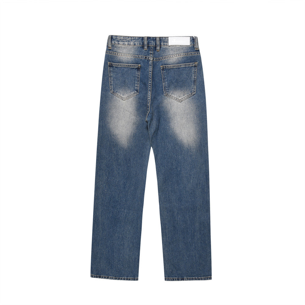 Washed White Pleated Straight Jeans For Men Washed White Pleated Straight Jeans For Men