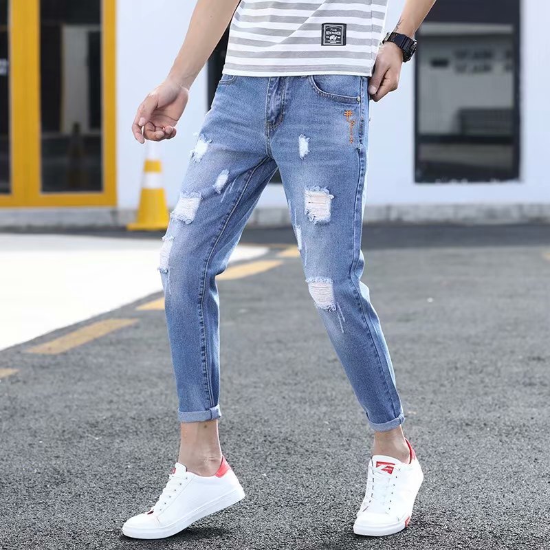 Autumn Men's Cropped Broken Holes Pants Jeans Autumn Men's Cropped Broken Holes Pants Jeans