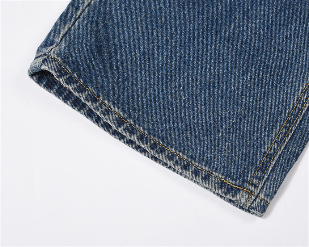 Washed White Pleated Straight Jeans For Men Washed White Pleated Straight Jeans For Men