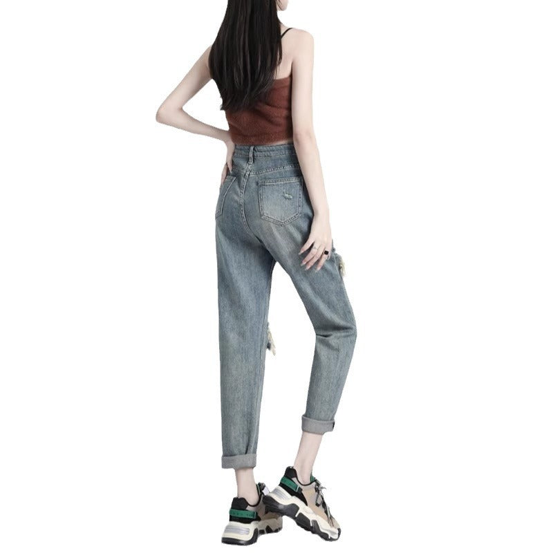 Ripped Daddy Jeans For Women Spring And Autumn 2024 New High Waist Loose Small Ripped Daddy Jeans For Women Spring And Autumn 2024 New High Waist Loose Small