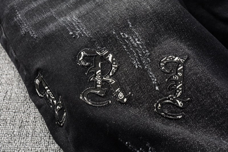 Black Cashew Flower Printed Patch Torn Jeans For Men Black Cashew Flower Printed Patch Torn Jeans For Men