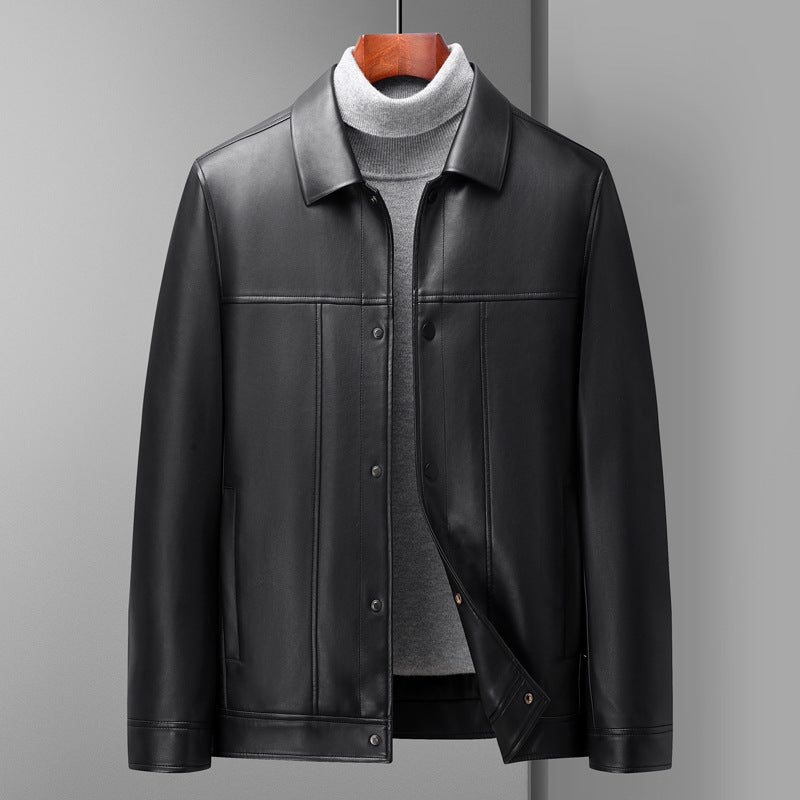 Fashion Polo Collar Thin Multi-color Optional Single-breasted Middle-aged Haining Men's Leather Jackets Fashion Polo Collar Thin Multi-color Optional Single-breasted Middle-aged Haining Men's Leather Jackets