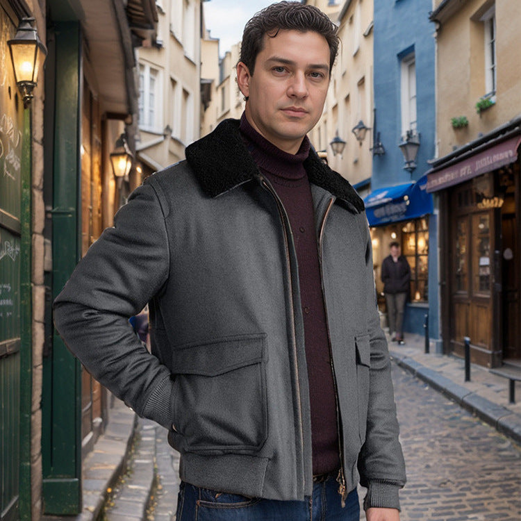 Simple Casual Fur Collar Warm Woolen Men's Fashion Zipper Jacket Simple Casual Fur Collar Warm Woolen Men's Fashion Zipper Jacket