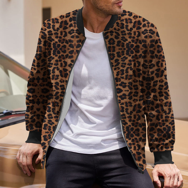 Autumn Vintage Leopard Print Pattern Men's Zipper Jacket Fleece-lined Long Sleeve Coat Autumn Vintage Leopard Print Pattern Men's Zipper Jacket Fleece-lined Long Sleeve Coat