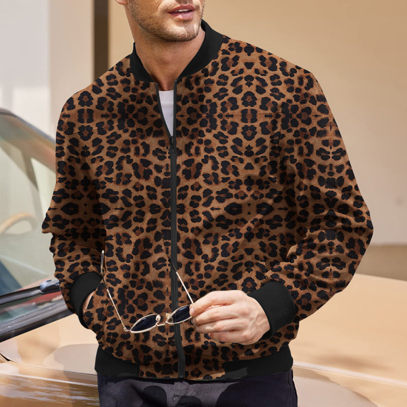 Autumn Vintage Leopard Print Pattern Men's Zipper Jacket Fleece-lined Long Sleeve Coat Autumn Vintage Leopard Print Pattern Men's Zipper Jacket Fleece-lined Long Sleeve Coat