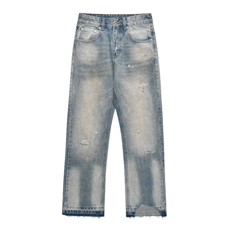 Loose Straight Leisure Washed-out Worn Jeans Men Loose Straight Leisure Washed-out Worn Jeans Men