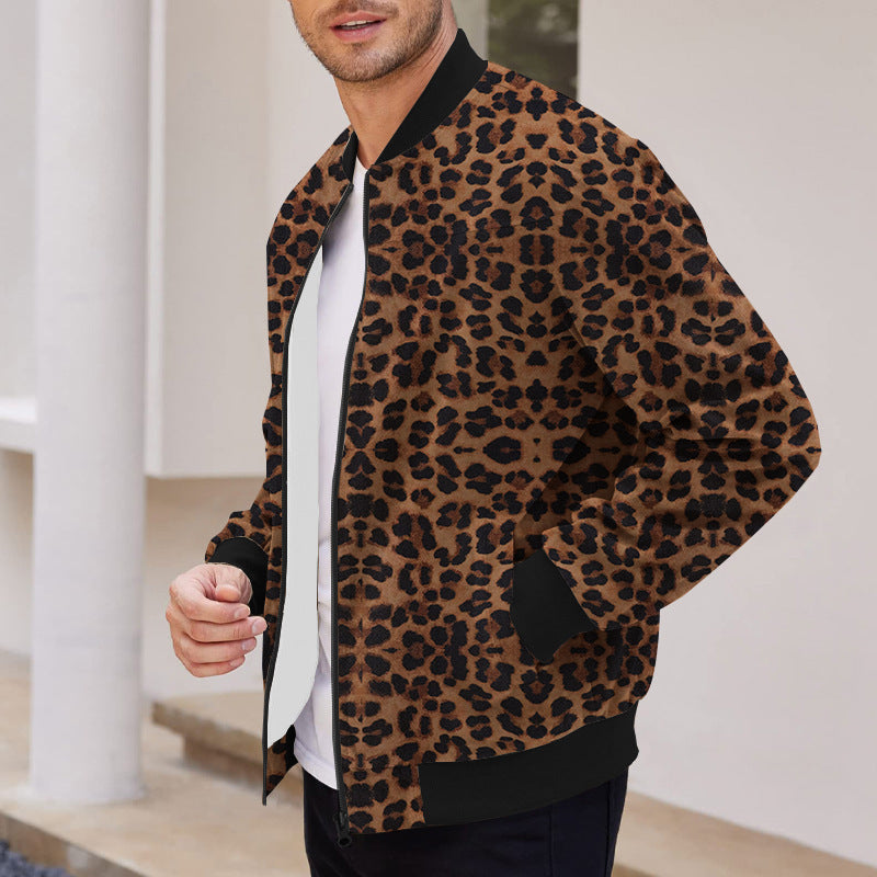 Autumn Vintage Leopard Print Pattern Men's Zipper Jacket Fleece-lined Long Sleeve Coat Autumn Vintage Leopard Print Pattern Men's Zipper Jacket Fleece-lined Long Sleeve Coat