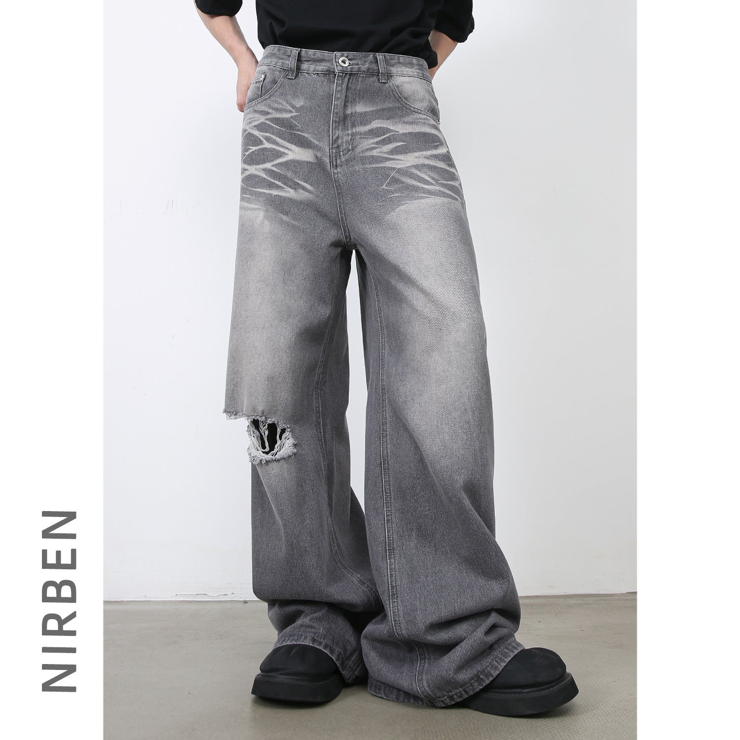 American Retro Washed Ripped Straight Loose Jeans Men American Retro Washed Ripped Straight Loose Jeans Men