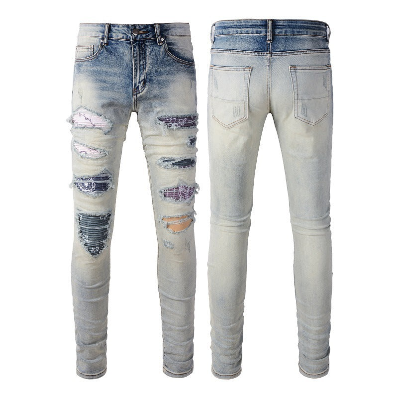 Men's Broken Holes Pants High Street Fashion Brand Patch Beggar Knee-exposed Jeans Men's Broken Holes Pants High Street Fashion Brand Patch Beggar Knee-exposed Jeans