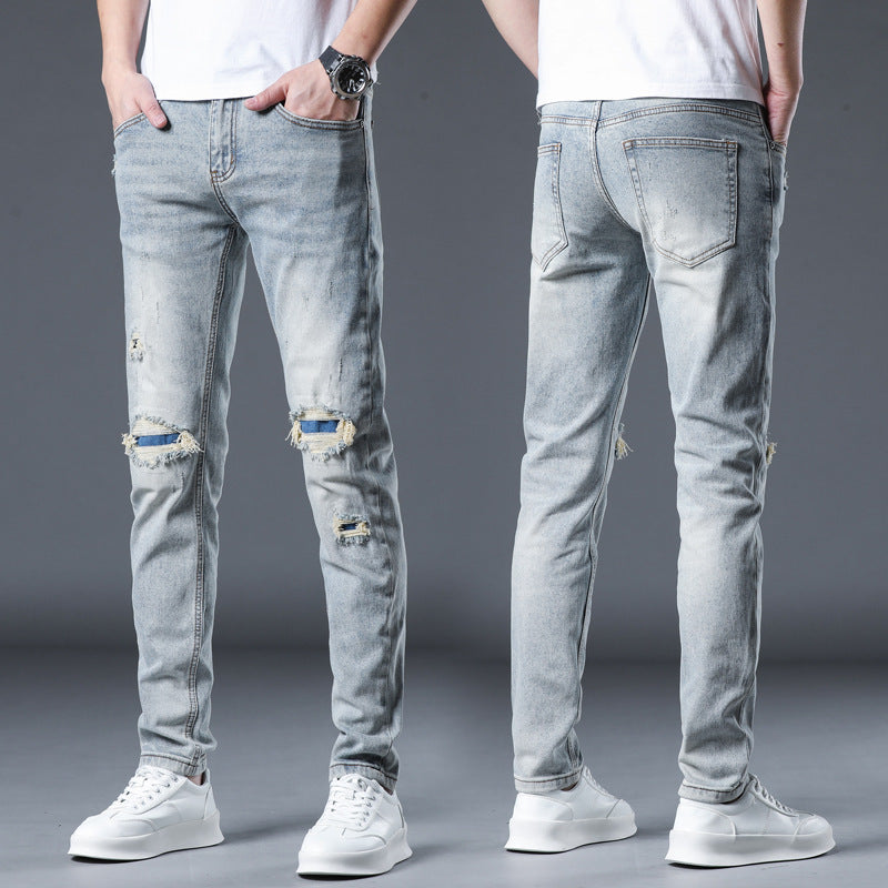 New Patch Ripped Jeans Men's Stretch New Patch Ripped Jeans Men's Stretch