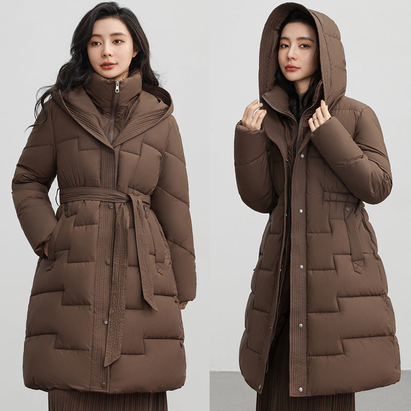 Women's Winter New Waist Trimming Fashion Mid-length Hooded Below-the-knee Coat Women's Winter New Waist Trimming Fashion Mid-length Hooded Below-the-knee Coat
