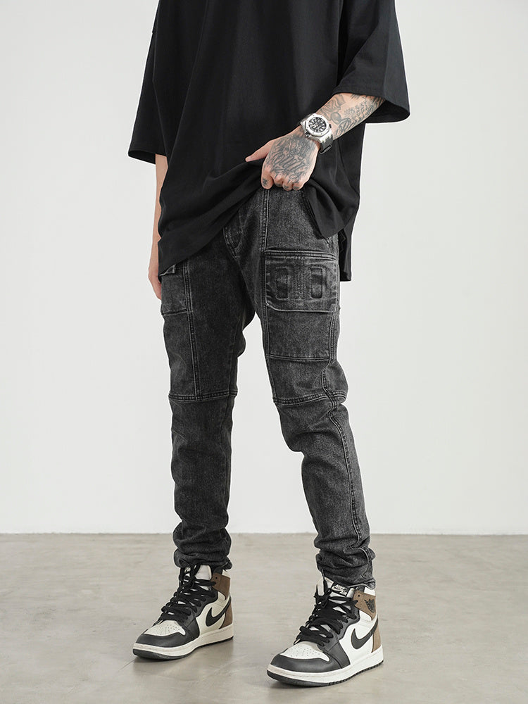 High Street Three-dimensional Pocket Stitching Slim Stretch Jeans Men High Street Three-dimensional Pocket Stitching Slim Stretch Jeans Men