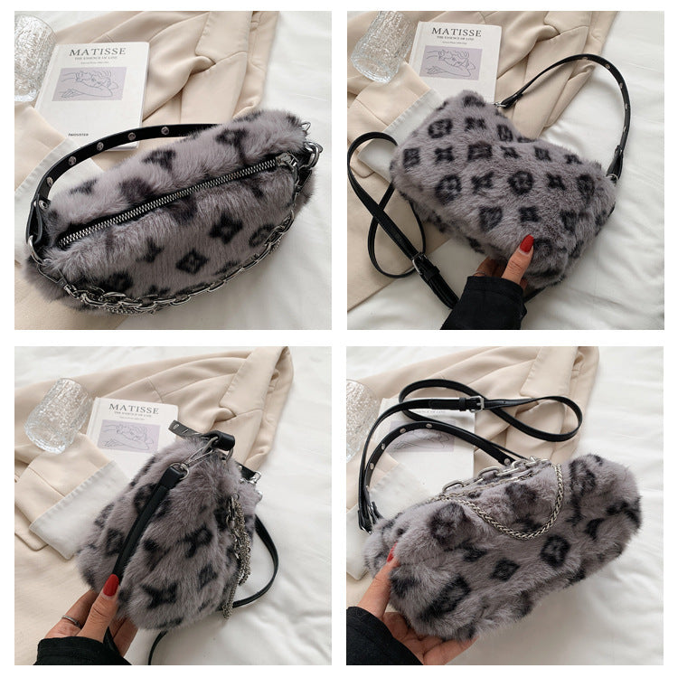 Winter Plush Bags Chain Shoulder Bag Women Flowers Print Handbags Winter Plush Bags Chain Shoulder Bag Women Flowers Print Handbags