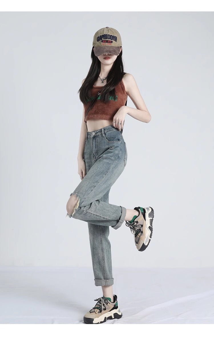 Ripped Daddy Jeans For Women Spring And Autumn 2024 New High Waist Loose Small Ripped Daddy Jeans For Women Spring And Autumn 2024 New High Waist Loose Small