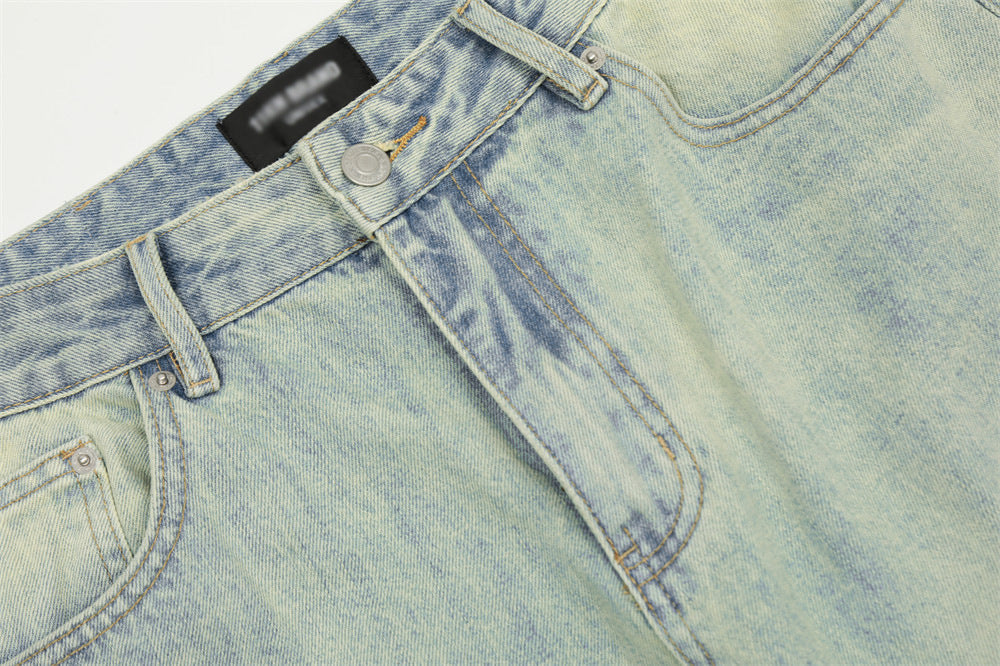 Punk Distressed Yellow Mud Dyed Straight Jeans Men Punk Distressed Yellow Mud Dyed Straight Jeans Men