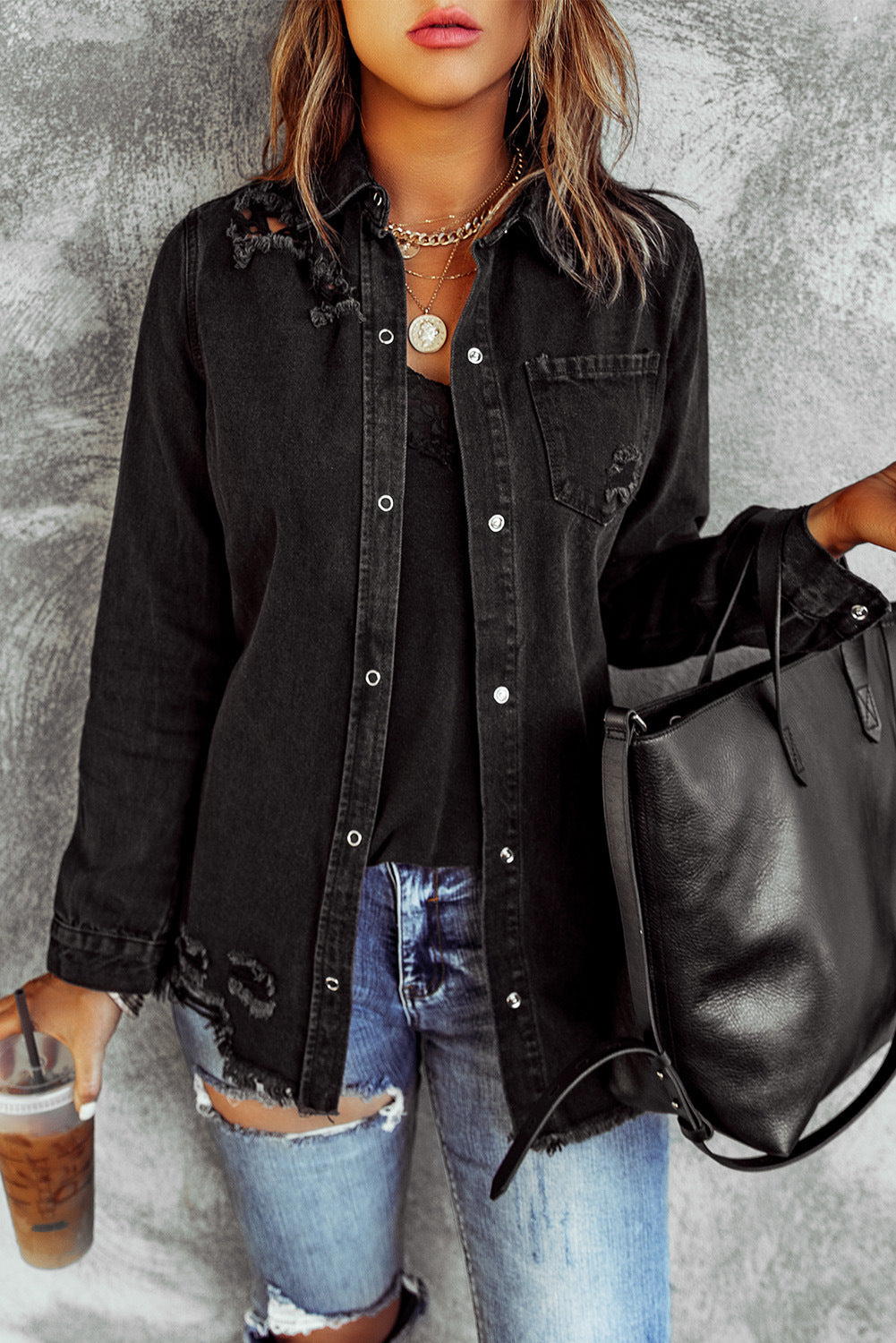 Black Ripped Shirt Denim Long Sleeve Coat Jacket Women Black Ripped Shirt Denim Long Sleeve Coat Jacket Women