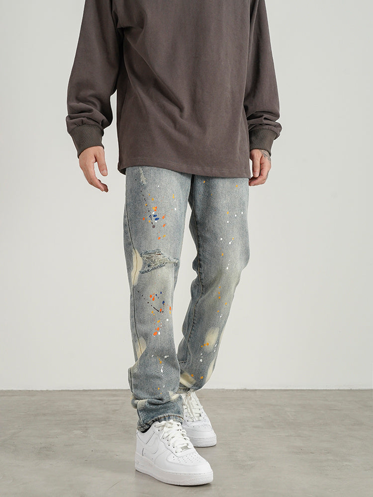 Knife Cut Ink Paint Straight Loose Jeans Men Knife Cut Ink Paint Straight Loose Jeans Men