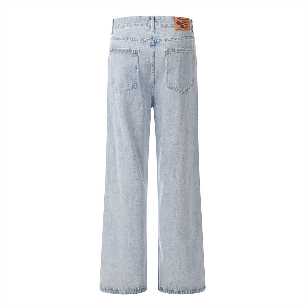 Wash Light Color Denim Straight-leg Pants Casual Loose Trousers Wash Light Color Denim Straight-leg Pants Casual Loose Trousers