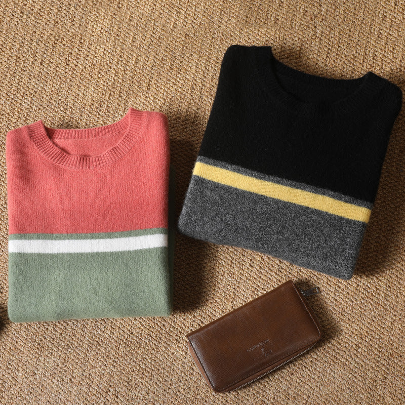 Striped Youth Pure Wool Sweater Men's Round Neck Loose Striped Youth Pure Wool Sweater Men's Round Neck Loose