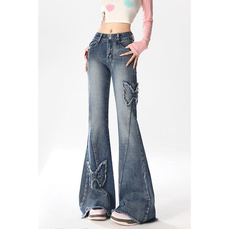 American Retro Butterfly Embroidery Slightly Flared Jeans Women American Retro Butterfly Embroidery Slightly Flared Jeans Women