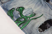 Pleated Color Matching Jeans Blue Embroidered Ripped Snakeskin Slim Fit Skinny Men Pleated Color Matching Jeans Blue Embroidered Ripped Snakeskin Slim Fit Skinny Men