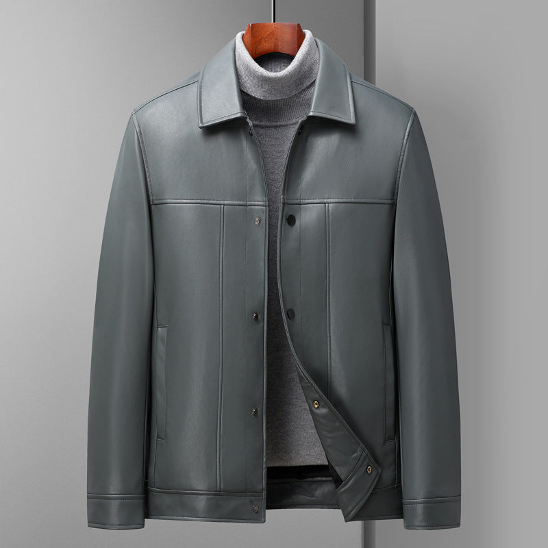 Fashion Polo Collar Thin Multi-color Optional Single-breasted Middle-aged Haining Men's Leather Jackets Fashion Polo Collar Thin Multi-color Optional Single-breasted Middle-aged Haining Men's Leather Jackets
