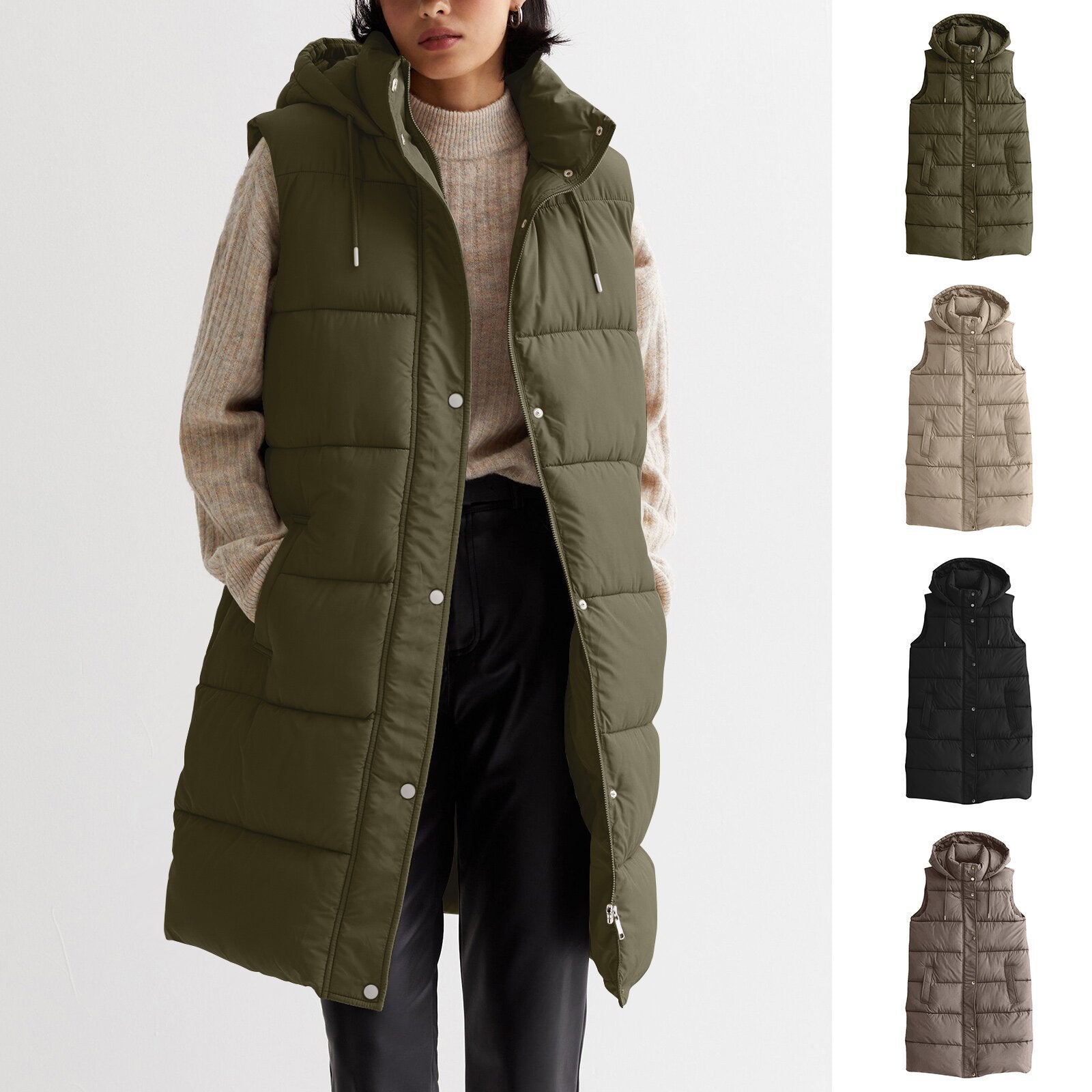 Solid Color Mid-length Vest Hooded Top Women's Single-breasted Coat Solid Color Mid-length Vest Hooded Top Women's Single-breasted Coat