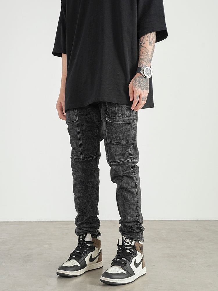 High Street Three-dimensional Pocket Stitching Slim Stretch Jeans Men High Street Three-dimensional Pocket Stitching Slim Stretch Jeans Men