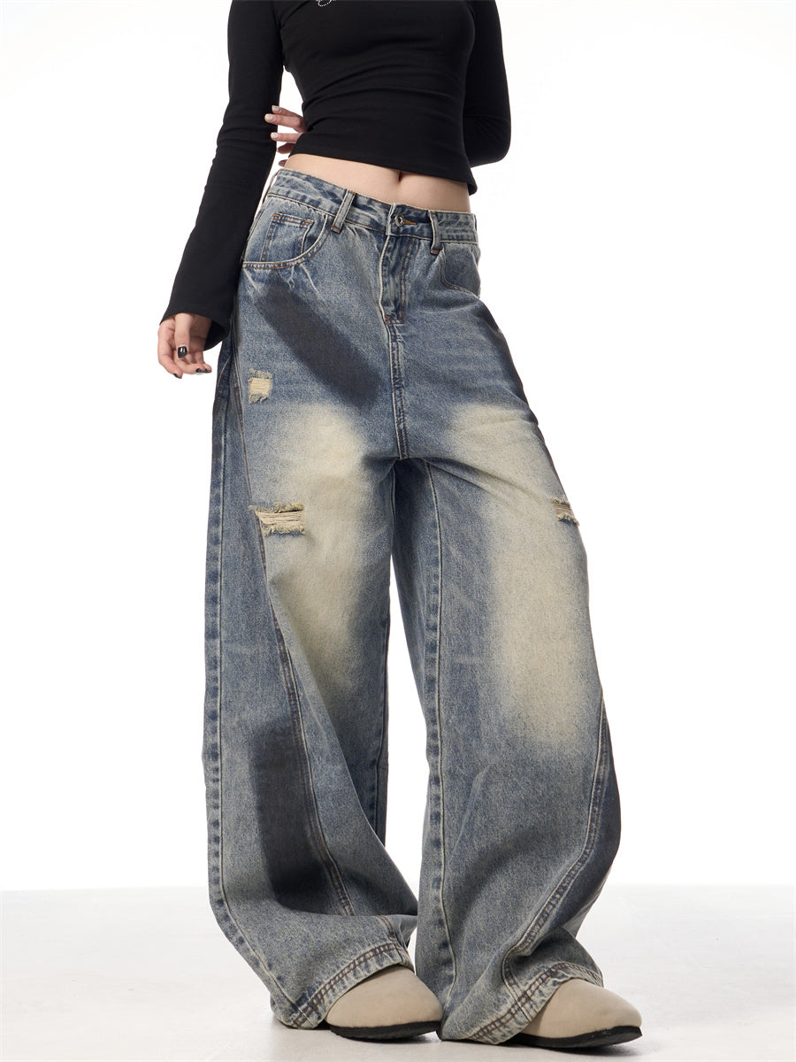 Splash Ink Ripped Machete Jeans For Women Loose-fitting Wide-leg Trousers Splash Ink Ripped Machete Jeans For Women Loose-fitting Wide-leg Trousers