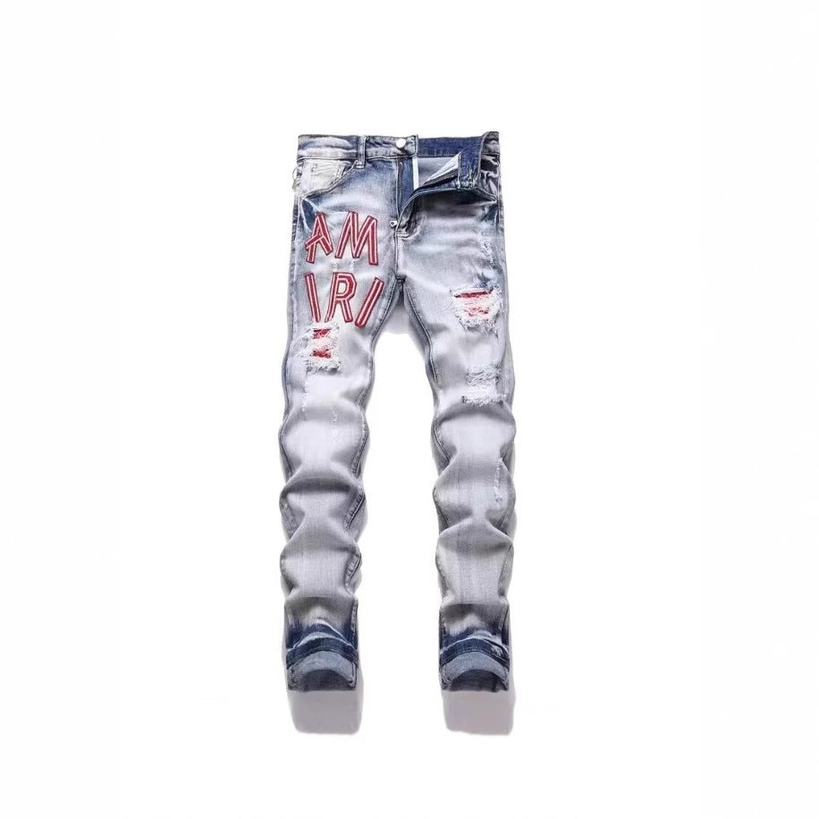 Punk Retro Blue Ripped Slim Elastic Printing Printing And Dyeing Feet Men's Jeans Punk Retro Blue Ripped Slim Elastic Printing Printing And Dyeing Feet Men's Jeans