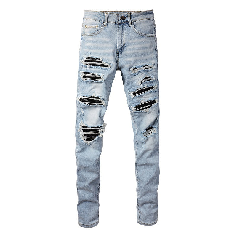 Leather Patched Holes, Elastic Slim Fitting Jeans For Men Leather Patched Holes, Elastic Slim Fitting Jeans For Men