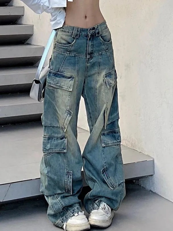 American Plus Size Worn Looking Washed-out Cargo Jeans Women American Plus Size Worn Looking Washed-out Cargo Jeans Women