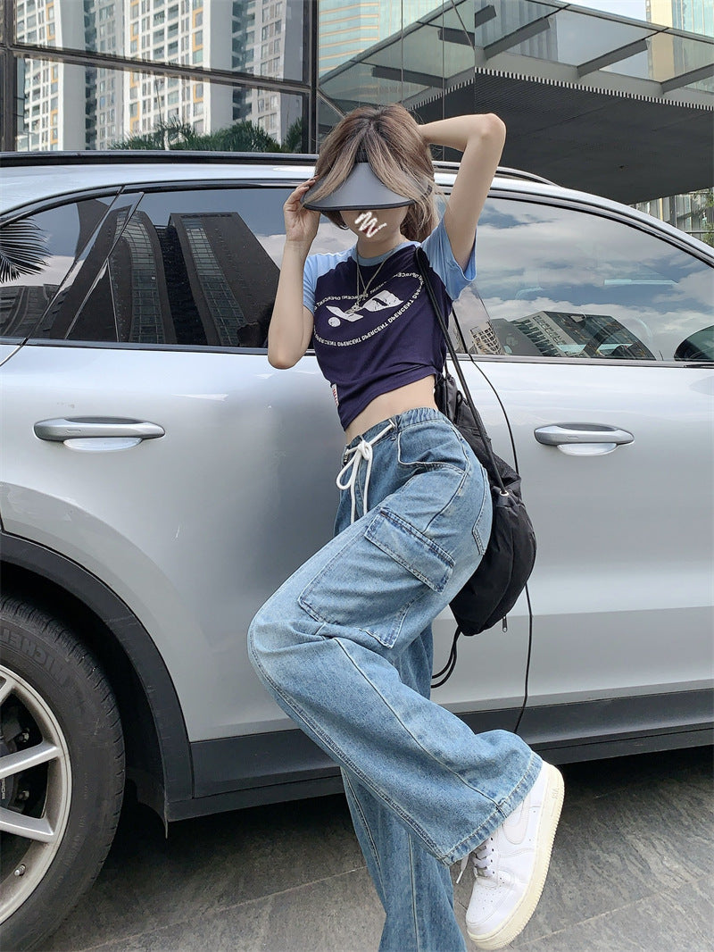 American High Street Drawstring Elastic Waist Jeans Women American High Street Drawstring Elastic Waist Jeans Women