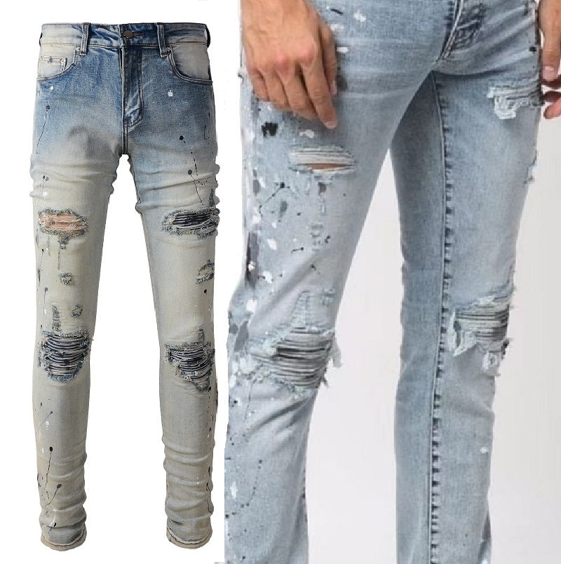 Light Colored Paint Splashing Ink Making Old Washed Jeans For Men Light Colored Paint Splashing Ink Making Old Washed Jeans For Men