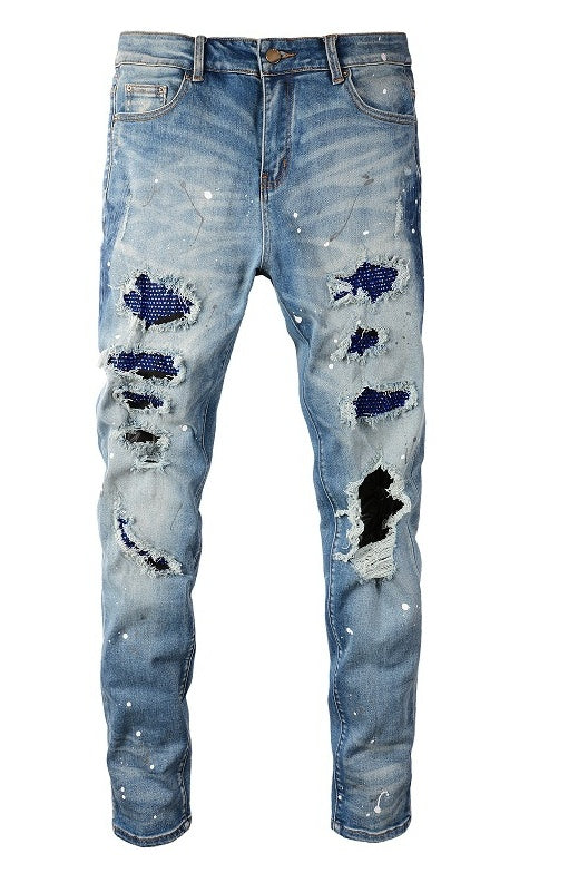 Hot Diamond Speckle Paint Elastic Slim Fit Light Jeans For Men Hot Diamond Speckle Paint Elastic Slim Fit Light Jeans For Men