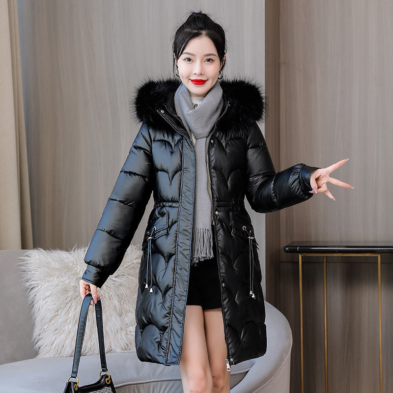 Glossy Women's Mid-length Thickened Warm Slim-fit Figure Flattering Fur Collar Cotton Clothes Glossy Women's Mid-length Thickened Warm Slim-fit Figure Flattering Fur Collar Cotton Clothes