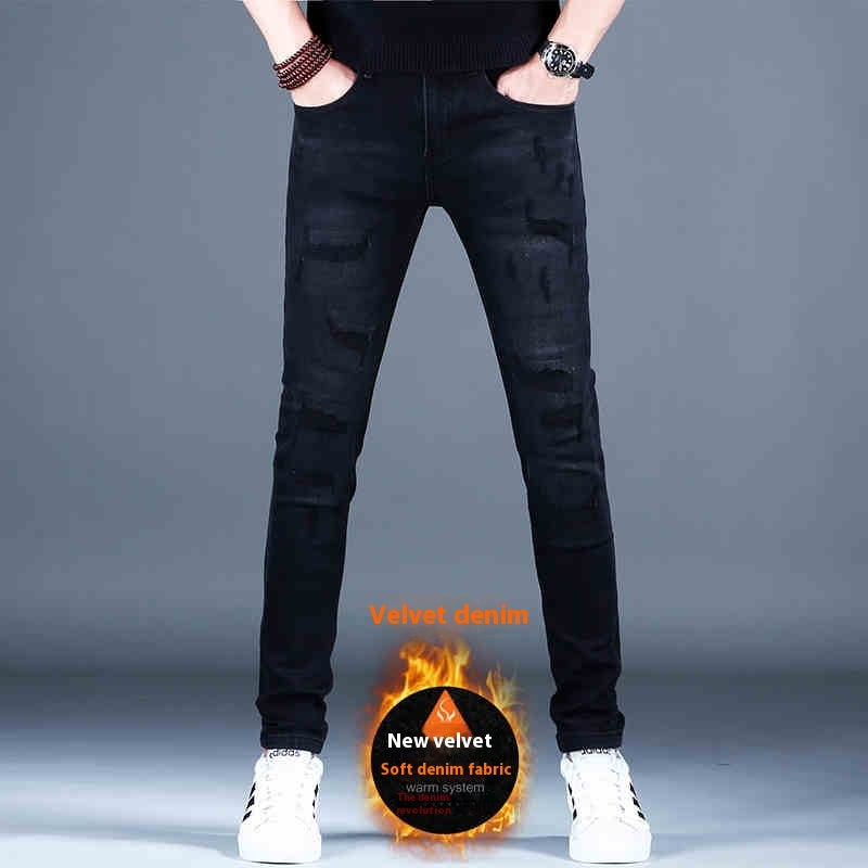 Ripped Fleece Padded Jeans Men's Stretch Casual Slim-fit Pants Ripped Fleece Padded Jeans Men's Stretch Casual Slim-fit Pants