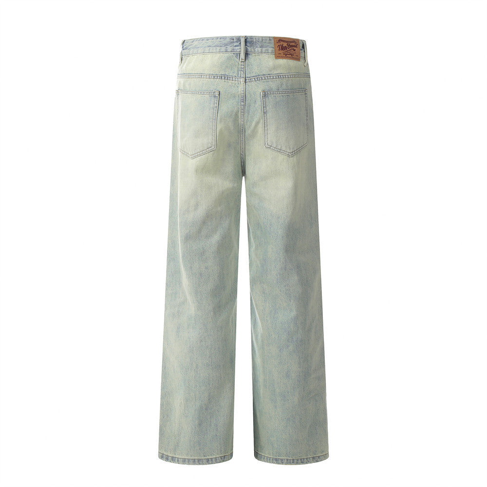 Punk Distressed Yellow Mud Dyed Straight Jeans Men Punk Distressed Yellow Mud Dyed Straight Jeans Men