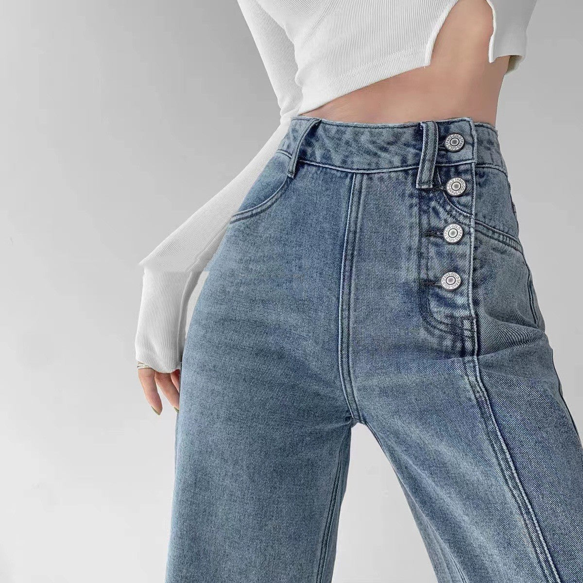 Irregular Breasted High Waist Jeans For Women Straight-leg Trousers Irregular Breasted High Waist Jeans For Women Straight-leg Trousers