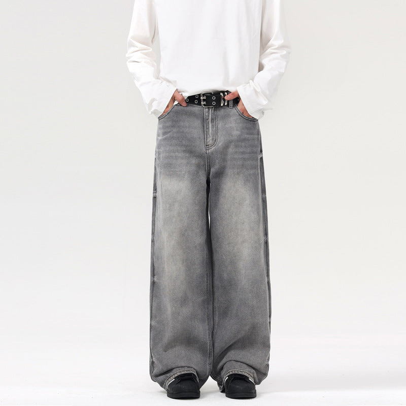 Retro Washed Smoky Gray Jeans Men And Women Loose Retro Washed Smoky Gray Jeans Men And Women Loose