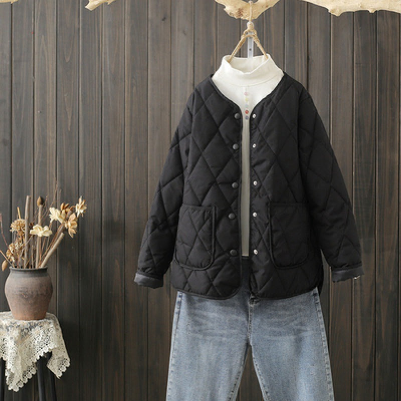 Winter Rhombus Sewing Coat With Pockets Warm Round-neck Button Jacket Lightweight Outerwear For Women's Clothing Winter Rhombus Sewing Coat With Pockets Warm Round-neck Button Jacket Lightweight Outerwear For Women's Clothing
