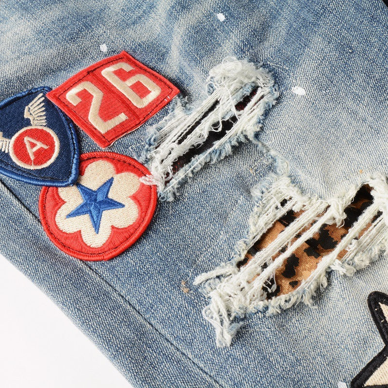 Medal Printed Badge Ripped Jeans Men Medal Printed Badge Ripped Jeans Men