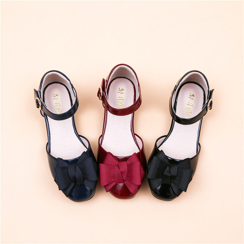 Big Kids' Hollow Velcro Patent Leather Shoes With Bow Big Kids' Hollow Velcro Patent Leather Shoes With Bow