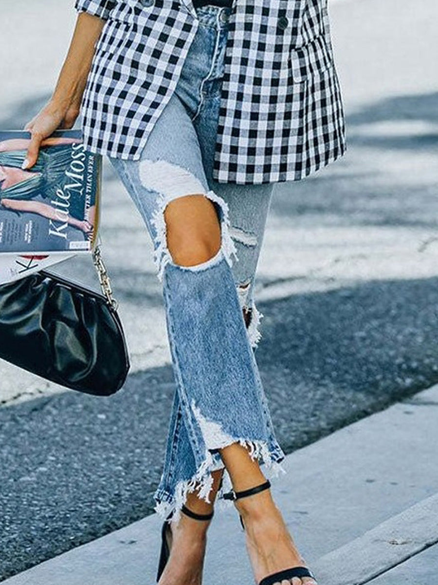 Autumn Ripped Jeans For Women European And American Personalized Knee-exposed Tight High Waist Trousers For Women Autumn Ripped Jeans For Women European And American Personalized Knee-exposed Tight High Waist Trousers For Women