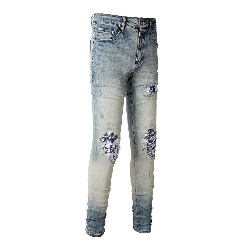 American High Street Fashionable Men's Ripped Black And White Patch Jeans American High Street Fashionable Men's Ripped Black And White Patch Jeans