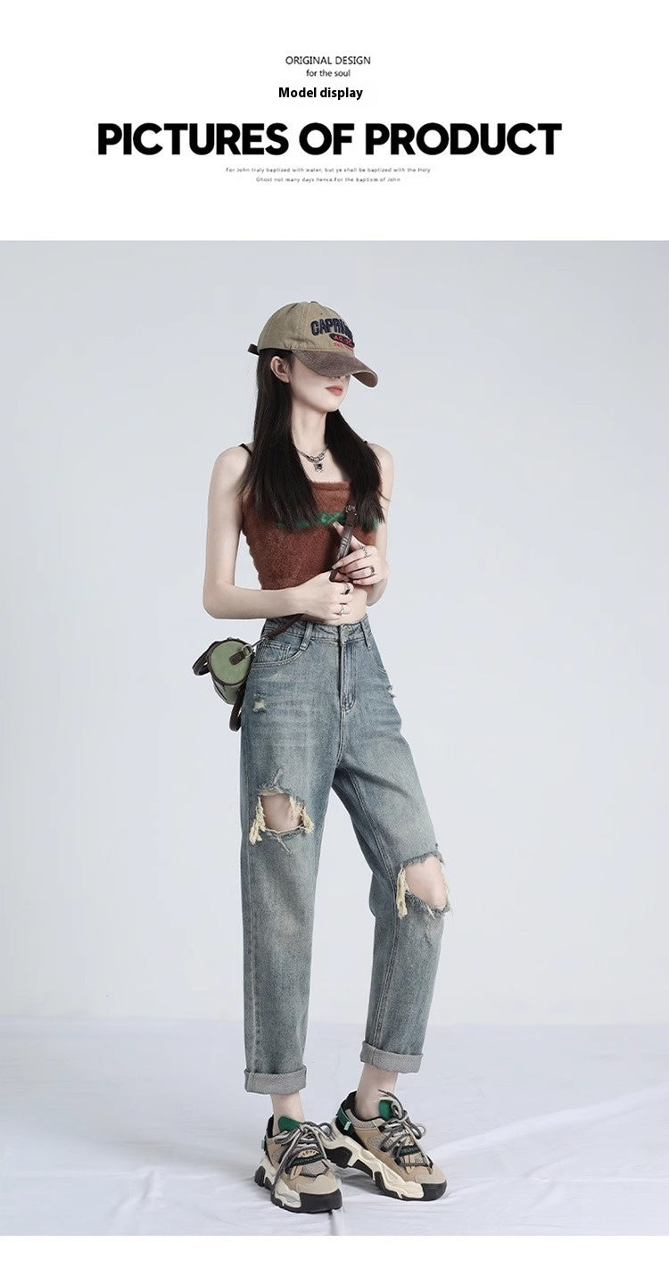Ripped Daddy Jeans For Women Spring And Autumn 2024 New High Waist Loose Small Ripped Daddy Jeans For Women Spring And Autumn 2024 New High Waist Loose Small