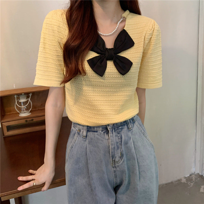 Sweet Turtleneck Round Neck Pearl Accessories Short Sleeve Sweater Bowknot Top Women Sweet Turtleneck Round Neck Pearl Accessories Short Sleeve Sweater Bowknot Top Women