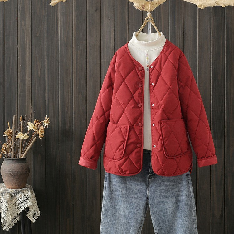 Winter Rhombus Sewing Coat With Pockets Warm Round-neck Button Jacket Lightweight Outerwear For Women's Clothing Winter Rhombus Sewing Coat With Pockets Warm Round-neck Button Jacket Lightweight Outerwear For Women's Clothing