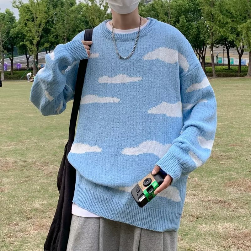 Vintage Blue Sky White Clouds Jacquard Loose-fitting Knitted Sweater Vintage Blue Sky White Clouds Jacquard Loose-fitting Knitted Sweater